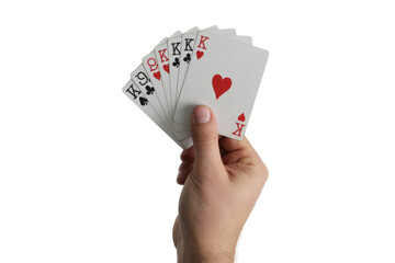 A person's hand holds a powerful poker hand featuring multiple kings and a queen, fanned against a green backdrop. background removed