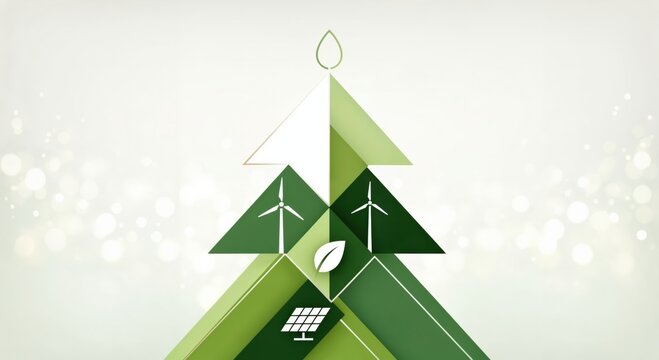 Modern Green Christmas Tree with Renewable Energy Symbols and Nature Elements for Sustainable Holiday Season - Powered by Adobe