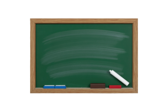 A green chalkboard with a wooden frame, featuring faint chalk marks, a white chalk stick, colored chalk, and erasers. background removed