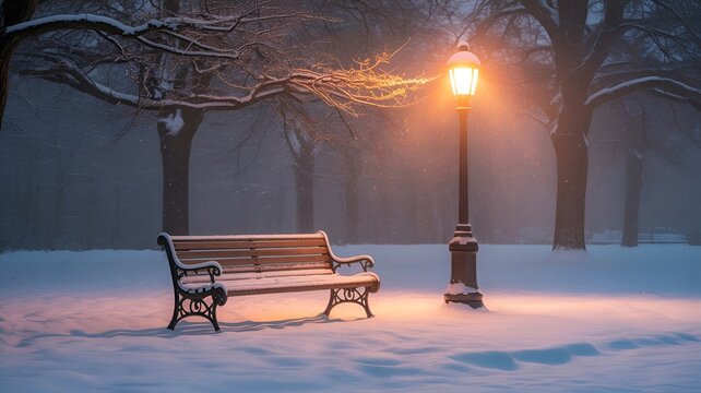 A bench and lamp post illuminated in snowy park.