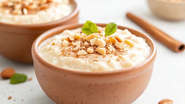 Creamy Rice Pudding: Indulge in the comfort of a beautifully presented rice pudding, crowned with crunchy nuts, a sprinkle of cinnamon, and a sprig of fresh mint