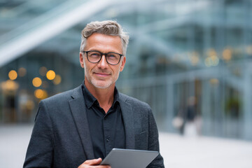 Confident mature businessman wearing glasses holding a digital tablet and smiling while standing outdoors in a modern office complex with blurred background lights