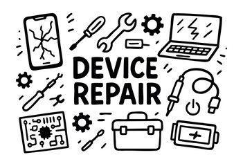 Electronic repair doodle icons &mdash; tools, laptop, and soldering iron &mdash; stock vector.