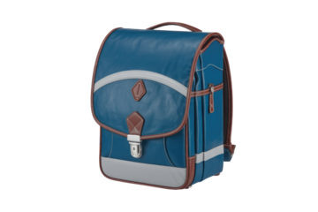 A classic blue school satchel with brown leather accents and grey reflective strips, featuring a front flap and metal clasp closure. background removed