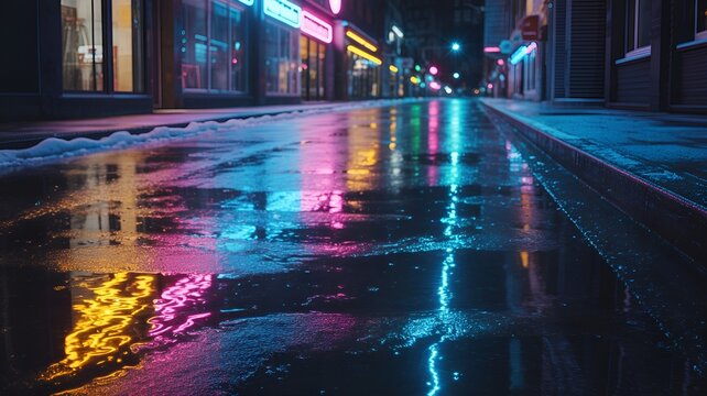 Vibrant neon lights reflecting on a wet street at night. - Powered by Adobe
