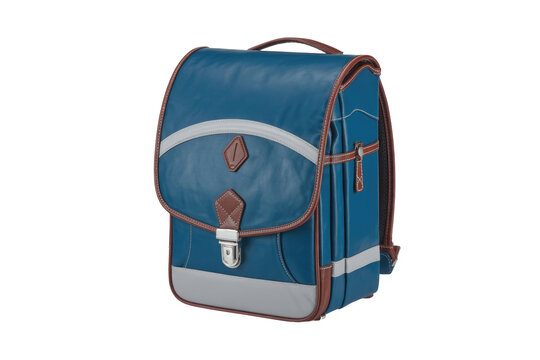 A classic blue school satchel with brown leather accents and grey reflective strips, featuring a front flap and metal clasp closure. background removed - Powered by Adobe