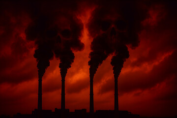 Factory chimneys emitting dark smoke that forms giant skulls in red sky, horror themed climate change and toxic pollution warning illustration
