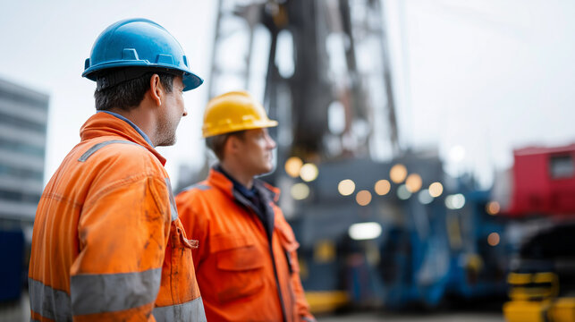 Faceless anonymous drillers working on extraction derrick structure energy sector workforce industrial petroleum operations drilling team at facility hard labor with copy