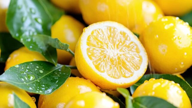 Vibrant Citrus Symphony: A collection of juicy, bright yellow lemons, their zest and freshness emphasized by the inclusion of leafy green branches and water droplets.