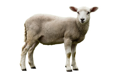 Fototapeta premium A young, white lamb with woolly fleece stands alert, looking directly at the viewer. This cute farm animal is presented on a plain background. background removed