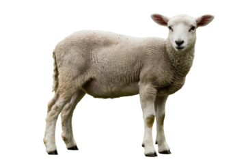 A young, white lamb with woolly fleece stands alert, looking directly at the viewer. This cute farm animal is presented on a plain background. background removed