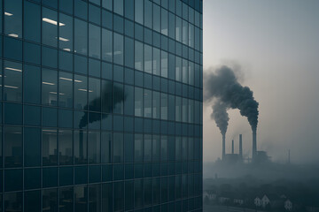 Modern glass office building reflecting nearby smoking power plant, concept of corporate responsibility, emissions reporting and business impact on climate
