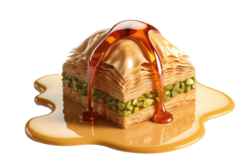 Delicious baklava with layers of flaky pastry and vibrant pistachios, drenched in rich golden syrup pooling around the base. background removed