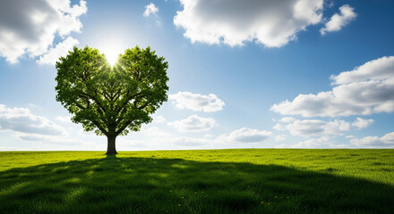 Obraz premium Beautiful Heart Shaped Tree in Sunny Green Meadow Symbolizing Love, Growth, and Environmental Care under Blue Sky with Clouds