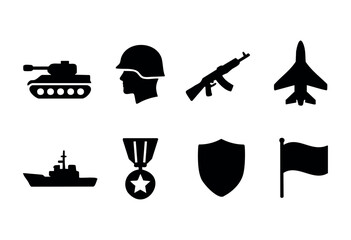 Fototapeta premium Military and army solid icons — tank, soldier, fighter jet, warship, medal — stock vector.