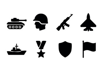 Fototapeta premium Military and army solid icons — tank, soldier, fighter jet, warship, medal — stock vector.