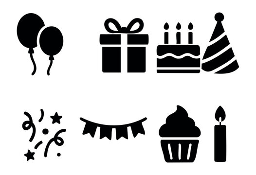 Birthday party celebration solid icons — balloons, gift, cake, party hat, cupcake — stock vector.