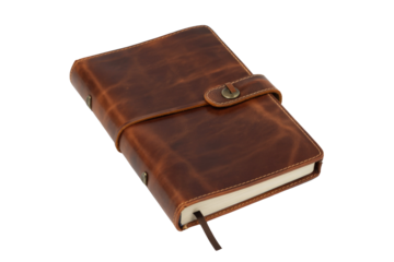 A stylish brown leather-bound journal with a wrap-around strap and a metal button closure, featuring a ribbon bookmark, against a transparent background. background removed