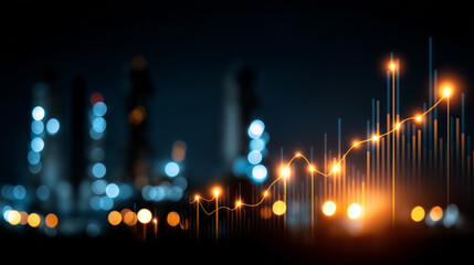 Defocused facility silhouette against financial stock chart background fluctuating value of fossil fuels visualization energy market data overlay trading trends with copy space