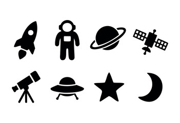 Space exploration and astronomy solid icons — rocket, astronaut, planet, satellite, ufo — stock vector.