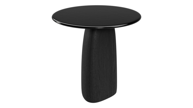 Modern round black wooden side table with sculptural base isolated on white background