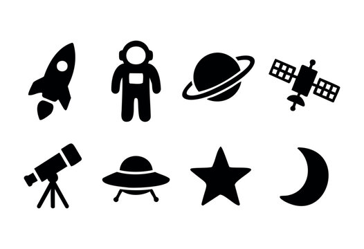 Space exploration and astronomy solid icons &mdash; rocket, astronaut, planet, satellite, ufo &mdash; stock vector.