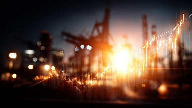 Double exposure of facilities and rising forex chart with warm sunset glow dynamic global energy market financial trends and industry growth visualization economic indicators