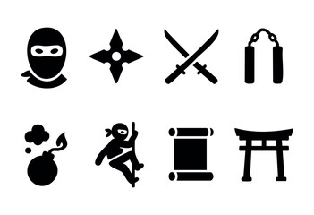 Obraz premium Ninja and martial arts solid icons — ninja mask, shuriken, katana swords, nunchucks — stock vector.