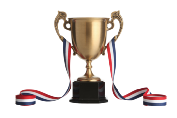 A gleaming golden trophy with intricate handles stands on a black base, adorned with red, white, and blue ribbons, symbolizing victory and achievement. background removed