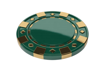 A luxurious dark green casino chip with gleaming gold accents and an empty center, presented on a matching transparent background. background removed
