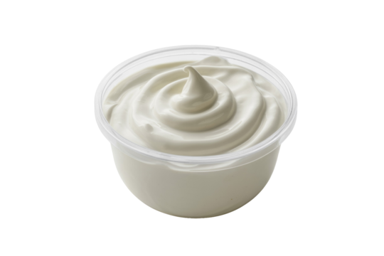 A clear plastic container filled with a dollop of creamy white sauce or dip, featuring a decorative swirl on its surface. background removed