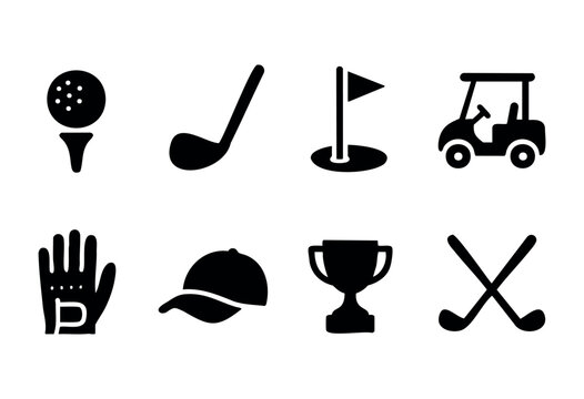 Golf sport solid icons &mdash; ball and tee, club, flag, golf cart, trophy &mdash; stock vector.