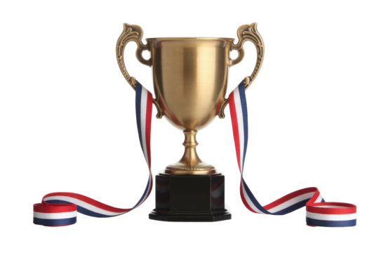A gleaming golden trophy with intricate handles stands on a black base, adorned with red, white, and blue ribbons, symbolizing victory and achievement. background removed