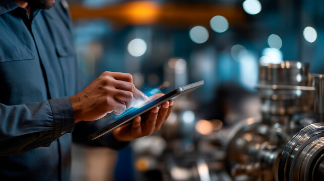 Defocused faceless worker holding digital tablet device inspecting modern drilling equipment smart IoT technology in energy sector operations AI enhanced industrial monitoring - Powered by Adobe