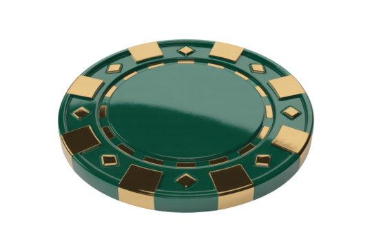A luxurious dark green casino chip with gleaming gold accents and an empty center, presented on a matching transparent background. background removed