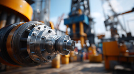 Fototapeta premium Advanced top drive drilling system actively in operation modern extraction equipment machinery on offshore platform petroleum production automated technology energy sector