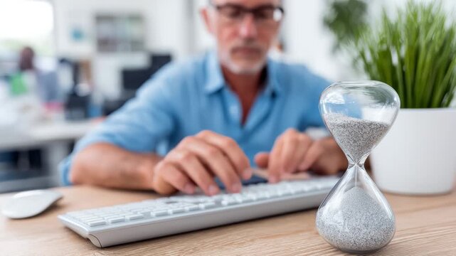Hourglass with flowing sand representing time management in a professional office setting