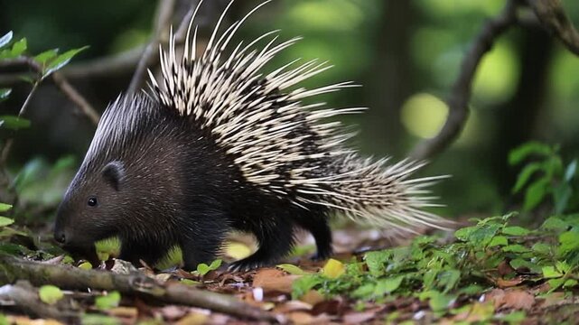 a forest porcupine walking gracefully through its natural habitat.