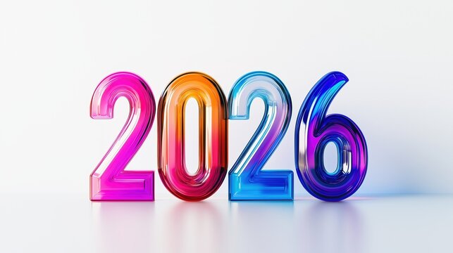 Colorful translucent numbers represent the year 2026 with a modern and artistic design on a white background