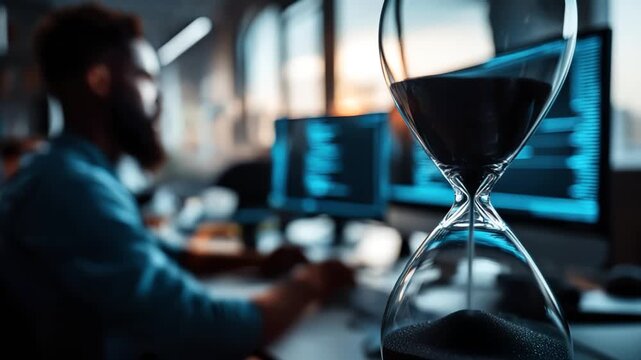Hourglass with detailed sand flow illustrating disciplined work rhythm in office conditions