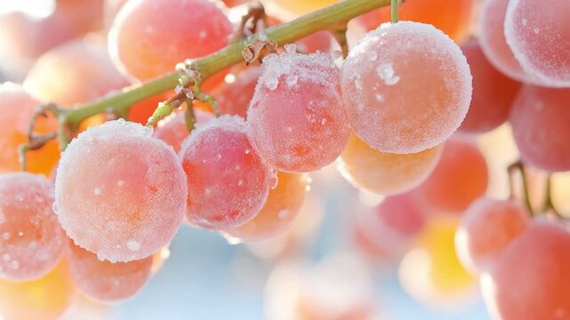 Frozen Grape Delights: A close-up showcases a cluster of exquisite, frosted grapes, each shimmering with a delicate layer of ice crystals, glistening under the gentle sunlight.
