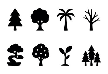 Naklejka premium Tree types solid icons — pine, oak, palm, bonsai, and other tree varieties — stock vector.