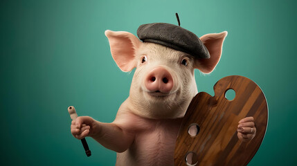 Adorable pig artist ready to paint masterpiece today