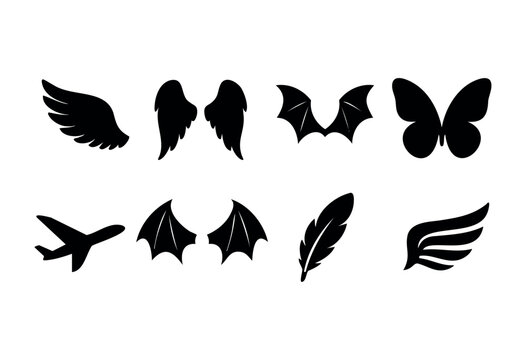 Wings solid icons &mdash; angel, bird, bat, butterfly, and demon wings &mdash; stock vector.