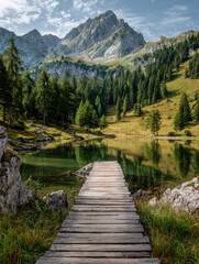 Fototapeta premium Serene wooden pier extending over a calm mountain lake surrounded by lush evergreen trees and rugged peaks under a partly cloudy sky