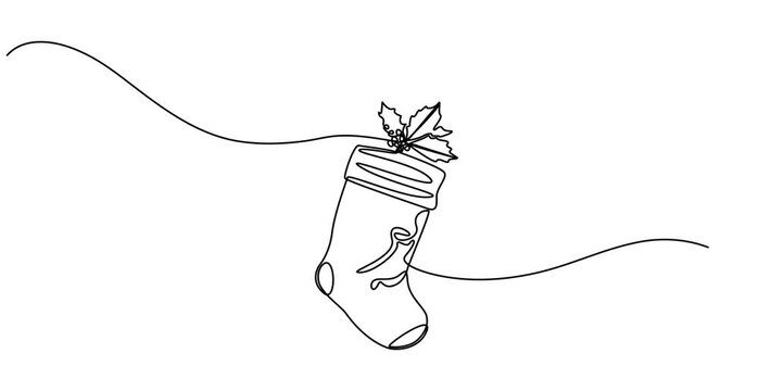 Animated self drawing of Christmas stocking in one continuous line on a white background. Christmas and New Year vector illustration. Christmas concept. Minimalistic style.