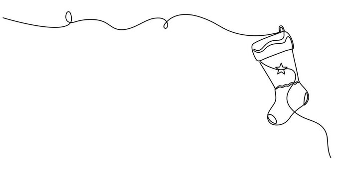 Animated self drawing of Christmas stocking in one continuous line on a white background. Christmas and New Year vector illustration. Christmas concept. Minimalistic style.