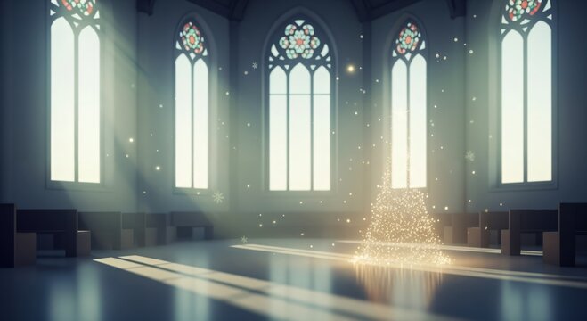 Empty church interior with sunbeams illuminating a magical glowing Christmas tree made of light particles, creating a serene and festive atmosphere.