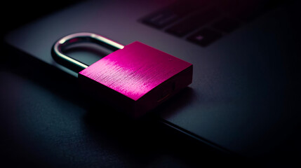 Pink lock on laptop symbolizes data safety online