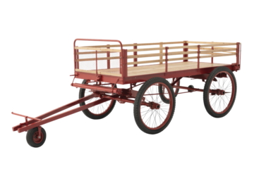 Red vintage utility wagon with wooden slats and metal mesh sides, featuring spoked wheels and a front steering mechanism. background removed